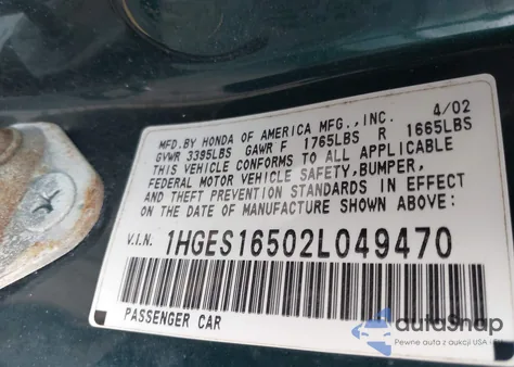 2002 Honda Civic Lx z USA, uszkodzony, nr VIN 1HGES16502L049470